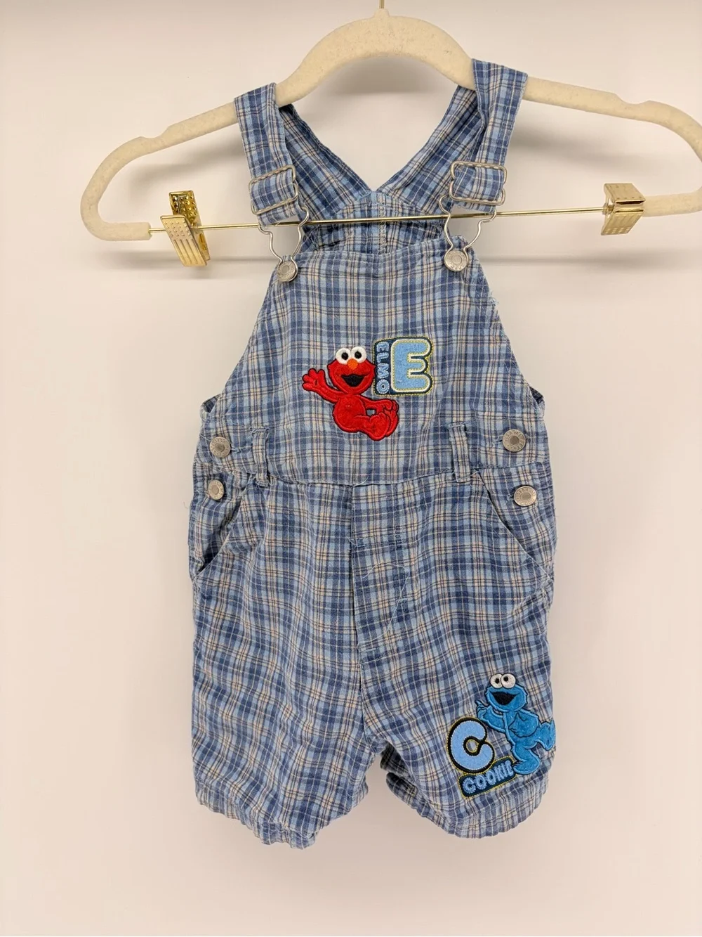 Vintage Sesame Street Elmo & Cookie Monster Plaid Overalls Cotton 90’s